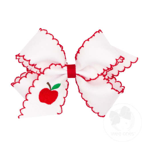 Medium Grosgrain Hair Bow with Moonstitch Edge and Harvest Embroidery - APPLE | Wee Ones Hair Bows & Accessories