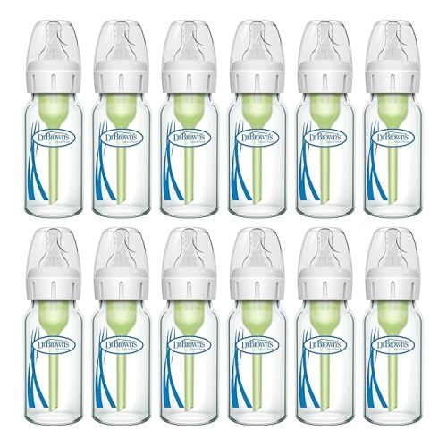 Dr. Brown's Anti-Colic Options+ Narrow Glass Baby Bottle with Level 1 Slow Flow Nipple, BPA-Free, 4 oz/120mL, 0m+, 2-Pack (Packaging May Vary)