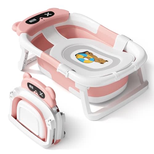AVIDR Baby Bathtub,Collapsible Bathtub for Newborn to Toddler,Durable Essential Infant Bath Tub,Portable Travel Baby Tub with Soft Cushion,No-Slip Hanging and Detachable(Pink)