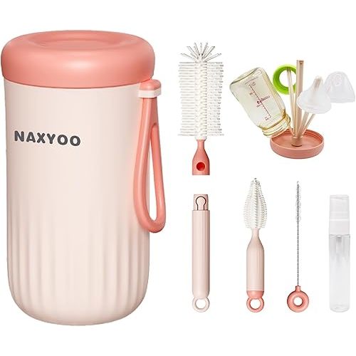 Travel Baby Bottle Brush Set with Build-in Drying Rack - Portable Silicone Bottle Cleaner Kit for Bottle, Nipple, Straw Cleaning, Baby Essential for Home, Travel Use - Pink