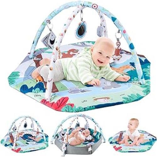 moopok 9-in-1 Tummy Time Activity Mat, Baby Play Gym Mat, Newborn Baby Essentials,with 6 High Contrast Toys for Sensory Cognition and Motor Skill Play Mats for Floor.Ideal Toddler Toys Gift
