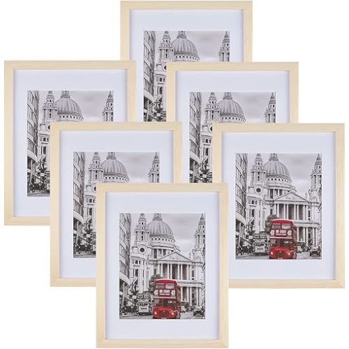 11x14 Picture Frame Set of 6, Made of Solid Wood for 8x10 pictures with Mat or 11x14 without Mat, Multi Photo Frames for Wall Hanging and Tabletop Display Home Office Decor, Wood Grain