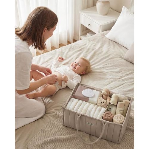 Blissful Diary Baby Diaper Caddy Organizer, Stylish Storage Basket for Newborn Essentials and Diaper Station, Gift for Baby Shower and Registry Must-Have, Sand