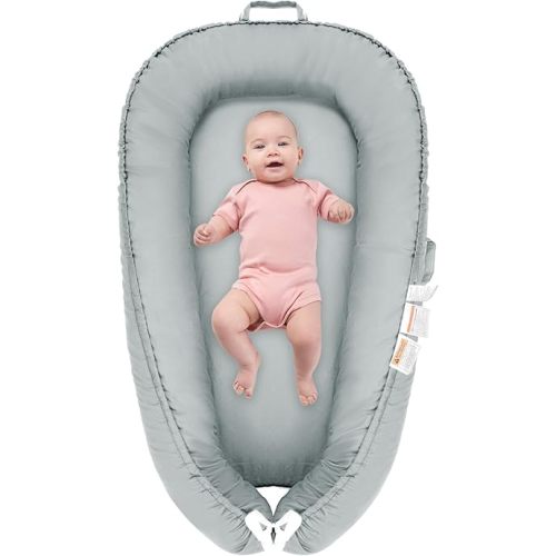 Baby Lounger for Newborn, 100% Cotton Soft Breathable Baby Lounger Newborn Essentials for 0-24 Months, Portable Infant Lounger Baby Nest Cover for Girls & Boys, Co Sleeper for Baby in Bed, Light Grey