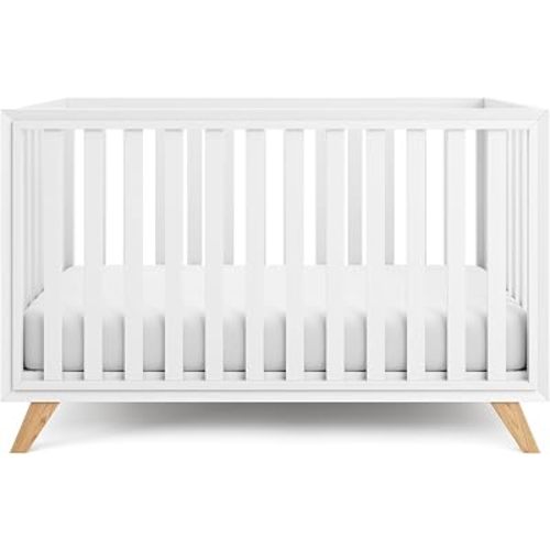 Comfy Cubs Baby Crib for 0 to 3 Years - Adjustable Mattress Height, Natural Wooden Crib for Baby, Elegant Nursery Furniture - 80 lbs Capacity Nursery Bed - White Bars and Frame with Natural Wood Leg