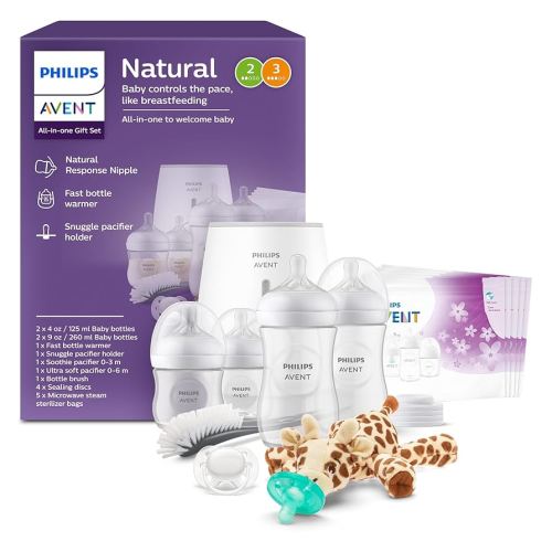 Philips Avent Natural All-in-One Baby Gift Set, Bottles with Natural Response Nipples 2x 4oz (Slow Flow, Flow 2), 2x 9oz (Medium Flow, Flow 3), Bottle Warmer, Soothie & Ultra Soft Pacifiers, SCD839/01