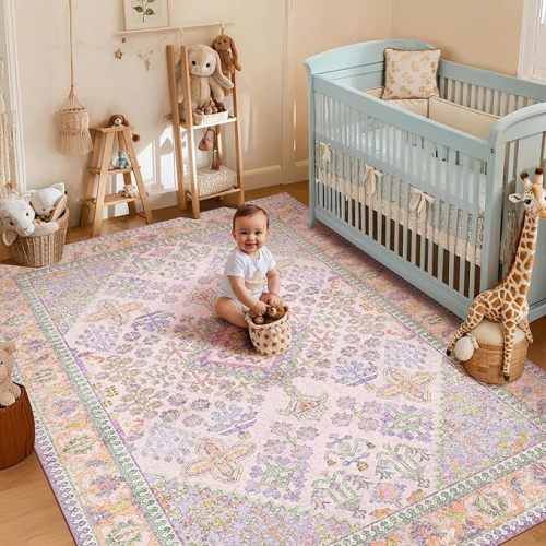 6x9 Area Rugs for Living Room, Stain Resistant Machine Washable Rug, Non Slip Backing Boho Rugs for Bedroom, Printed Soft Vintage Carpet Lilac Lavender Purple 6 x 9