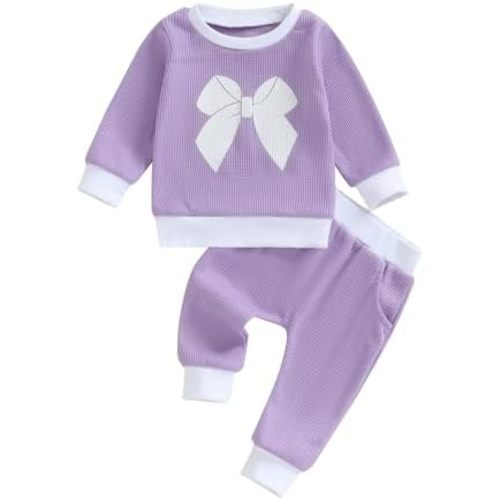 Rtnnsbbfcm Toddler Baby Girl Fall Clothes Long Sleeve Bow Print Sweatshirt Top Pants 2Pcs Waffle Knit Outfit