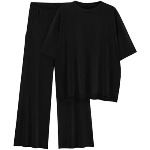 KIRUNDO Womens 2 Piece Outfits Lounge Set 2024 Casual Loose Short Sleeve Knit Pullover Tops and Wide Leg Pants Tracksuits