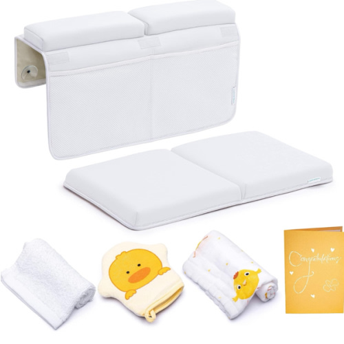 Bath Kneeler and Elbow Rest Pad, Extra Thick Baby Bath Kneeling Pad and Elbow Pad for Bathtub. Bath Tub Elbow Pad with Infant Toy and Baby Accessories Organizer, Off White Color