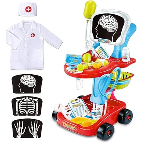 Doctor Kits for Kids 3-5 with Stethoscope Doctor Dress Up Costume Light X-Ray Trolley Toy Pretend Medical Play Doctor for Toddler Girl Boy 3 4 5 Years Old Birthday Gifts