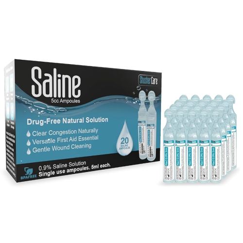 Saline Ampoules - Saline Solution for Nebulizer, Sodium Chloride 0.9% for Nose & Eyes, Nasal Cleanse for Babies, Kids, & Adults, Sterile Nasal Care, Wound Cleansing - 20 Count (5ml Each)