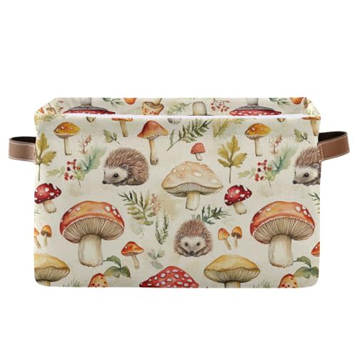 IBGIKWH Watercolor Mushrooms Hedgehog Square Baskets Storage Bins Foldable Fabric Organizer Bin Open Home Shelf Baskets