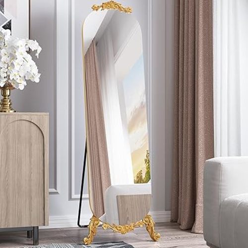 Gothic Vintage Elegant Frameless Carved Full Length Arched Mirror with Stand, 61.5" H x 20" W Large Wall Mirror, Gold Modern Decorative Floor Mirror for Wedding, Bedroom, Living Room, Entryway