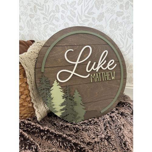 Forest tree theme Name Sign | woodland art | large Round Sign | Nursery | Bear | Woodland Gift | Baby | Boy | Kids room Decor | Personalized