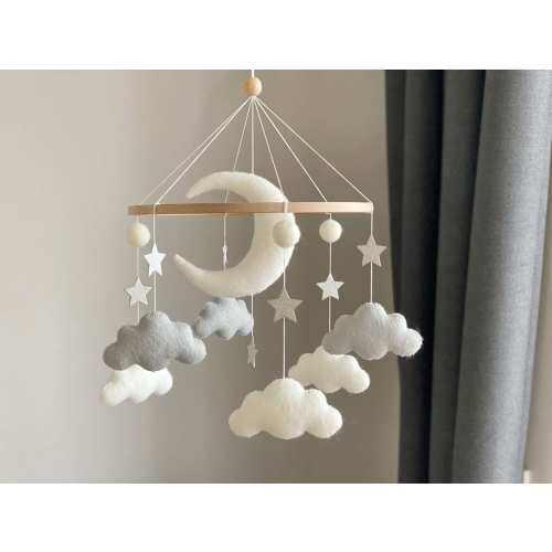 Baby mobile neutral Moon baby mobile cloud baby mobile White and silver baby mobile baby mobile boy baby nursery