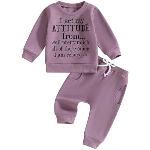 Mandizy Baby Girl Fall Clothes Funny Letter Print Long Sleeve Crew Neck Sweatshirt Casual Pants Set Toddler Winter Outfit