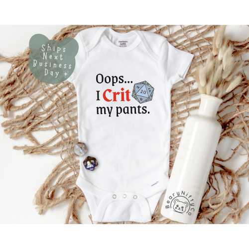 D20 DnD Roll Baby Onesie®, Oops I CRIT My Pants Baby Bodysuit, Hilarious Baby Shower Dungeons and Dragons Gift for New Baby, Nerdy Baby Tee