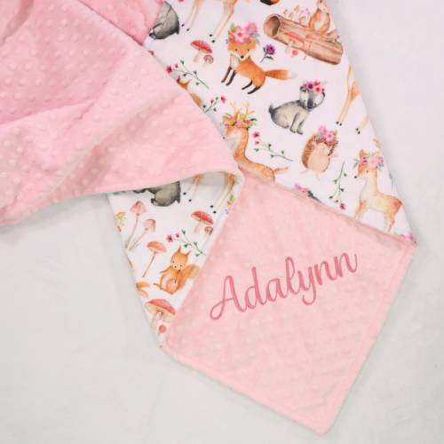 Floral Woodland Baby Animal Minky Baby Blanket, Personalized Girly Woodland Minky Blanket