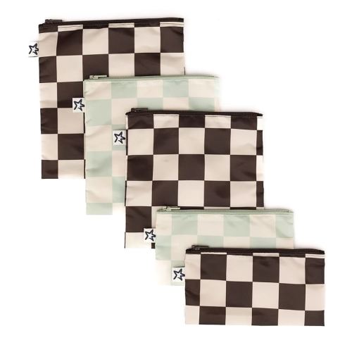 Tiny Twinkle 5 Pack Reusable Snack Bags - Machine Washable, PFAS, PVC, BPA, Phthalate-Free Reusable Baby and Toddler Food Safe Snack Bags (Checkers Black Green)