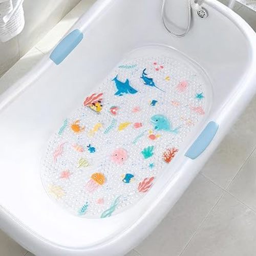 Non-Slip Cartoon Bathtub Mat for Kids - Funny & Cute 15 x 27.4 Inch Bathroom Bath Shower Mat for Babies, Toddlers, and Children with Suction Cups - Lovely Colorful Underwater World Design