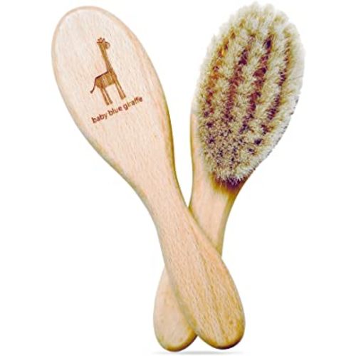 Super Soft Baby Hair Brush, Grooming Kit Must-Have, Baby Essentials, Ideal Gift for Baby Shower, All Natural Goat Hair and Beech Wood - Baby Blue Giraffe