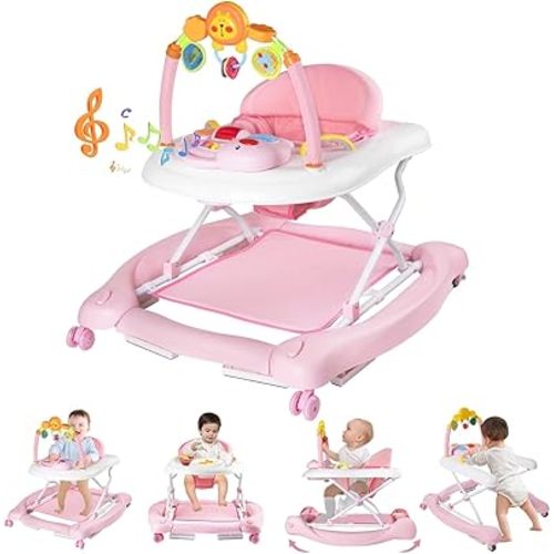 Baby Walker with Wheels, 5 in 1 Baby Walkers for Boys Girls 6-12 Months, Foldable Walker Baby with Bouncer & Feeding Tray, Music, Adjustable Heights