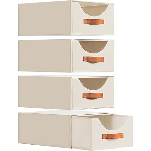 Closet Organizers and Storage - Large Storage Bins with Drawer, Fabric Clothes Organizers and Storage, Collapsible Storage Drawers Organizer for Bedroom, Living Room, 4 Pack, Beige