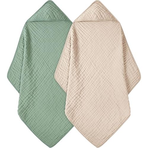 FIEMOL Baby Bath Towels, 100% Muslin Cotton Hooded Baby Towels for Newborn, Infant and Toddler, 2 Pack Soft and Absorbent Unisex Bath Essentials with Large 32x32Inch Size