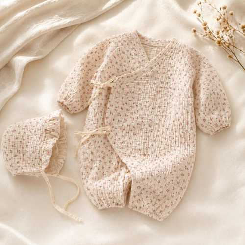Floral Muslin Kimono Romper and Bonnet Set, Soft Cotton Newborn Jumpsuit, Neutral Baby Shower Gift, Baby Girl Outfit , Boutique Kids Clothes
