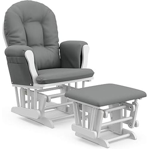 Storkcraft Premium Hoop Glider & Ottoman (White/Gray) — GREENGUARD Gold Certified Nursery Glider, Solid Wood Craftsmanship, Smooth-Gliding Nursery Chair and Ottoman, Award-Winning