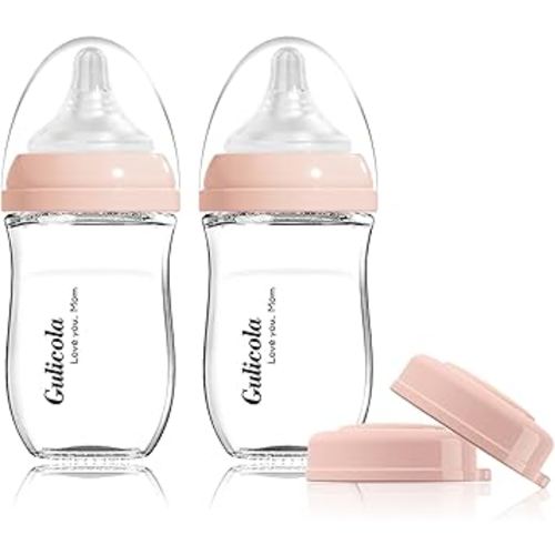 Gulicola Natural Glass Baby Bottle for Breastfeeding Babies, Newborn Anti-Colic Bottle Set with Slow Flow Nipple, 0-3 Months, 5 oz, 2 Pack - Pink