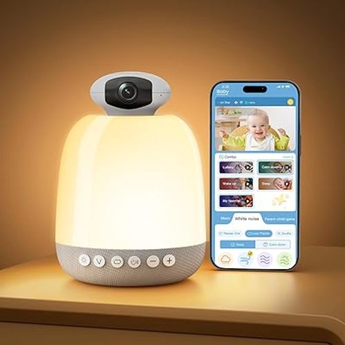 Glocusent Smart Baby Sound Machine with 62 Music Tracks, 1080P Wide-Angel Video Monitor, 24 Colors Baby Night Light for Nursery, Cry Detection, 5.1 Bluetooth Speaker, Perfect for New Parents (WiFi)