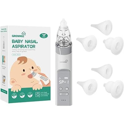 Baby Nasal Aspirator Grey with 6 Food-grade Silicone Replacement Nozzles, Nose Sucker for Baby, Automatic Nose Sucker for Infants, Rechargeable, with Music & Light Soothing Function