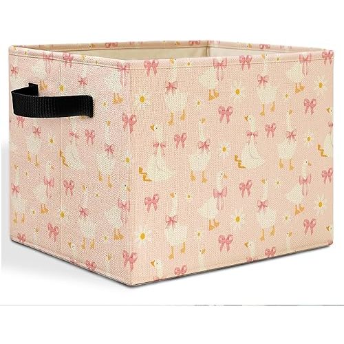 Pink Bow Floral Goose Storage Bins Box with Handles, Goose Nursery Decor, Preppy Geese Laundry Basket Hamper Collapsible Clothes Toys Organizer for Girls Room Playroom Bathroom