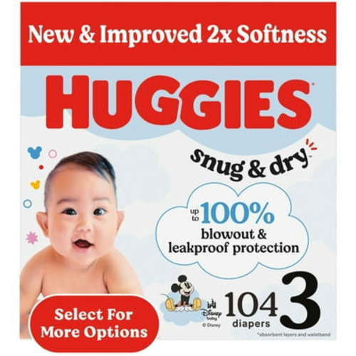 Huggies Snug & Dry Baby Diapers, Size 3 (16-28 lbs), 104 Ct (Select for More)