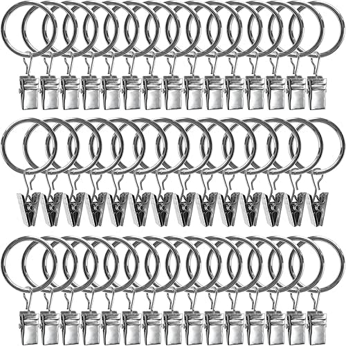 AMZSEVEN 44 Pack Metal Curtain Rings with Clips, Drapery Clips with Rings, Drapes Rings 1 in I D, Fits Diameter 6/8 in Curtain Rod, Silver