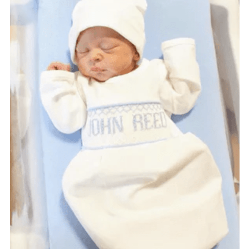 Blue Baby Snuggles - Custom Smocked Pima Gown and Hat