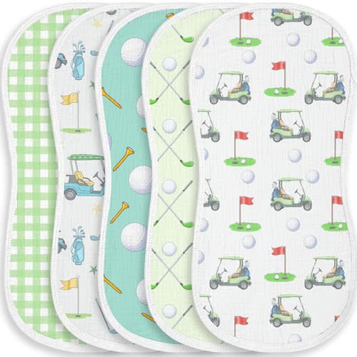 5 Pack Baby Burp Cloths for Boys Girls, Soft Cotton, Golf Sport Theme Design, Super Absorbent Baby Burping Cloths for Newborns, Machine Washable and Reusable Baby Spit-Up Cloths