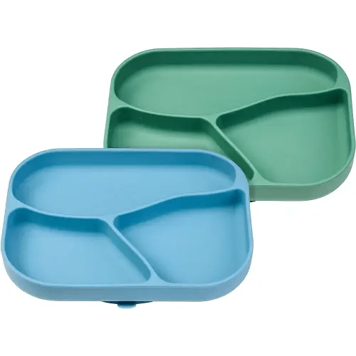 NumNum Silicone Toddler Suction Plates for Baby - 100% Food Grade Divided Plate w/Easy Release Tab, BPA Free & Dishwasher Safe - Non-Slip Dishes for High Top, Dining Table - 2 Pack, Blue/Green