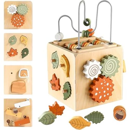 Wooden Activity Busy Cube Montessori Toys for 1 Year Old, 6-in-1 Activity Center Baby Bead Maze Toys, Sensory Shape Sorter Blocks, Toddler Boys Girls First Birthday Gift