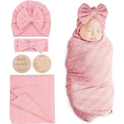 DRESHOW BQUBO Baby Swaddle Blankets for Girls, 4PCS Newborn Accessories Set with Hat and Bow Headband with Hello World Wooden Birth Announcement Card, Baby Blankets for Girls (Pink)