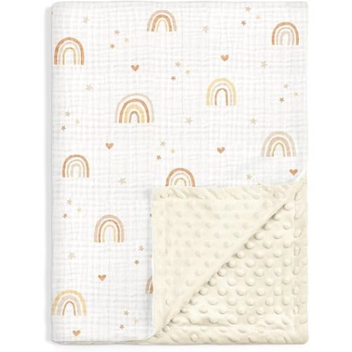 Rainbow Baby Blankets for Girls, Soft Nursery Minky Blankets with Muslin and Dotted Fleece Back 30x40 inches, Receiving Bed Quilt for Newborn, Infants, Toddlers
