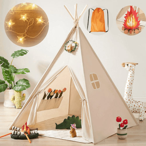 Tiny Land Kids Teepee Tent - Cotton Canvas Play Tent with Lights & Campfire Toy, Ages 3+ Indoor/Outdoor