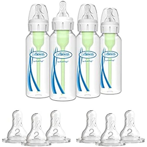 Dr. Brown's Options+ Anti-Colic Baby Bottle - 8oz - 4 Pack and Dr. Brown's Original Nipple, Level 2 (3m+), 6 Count