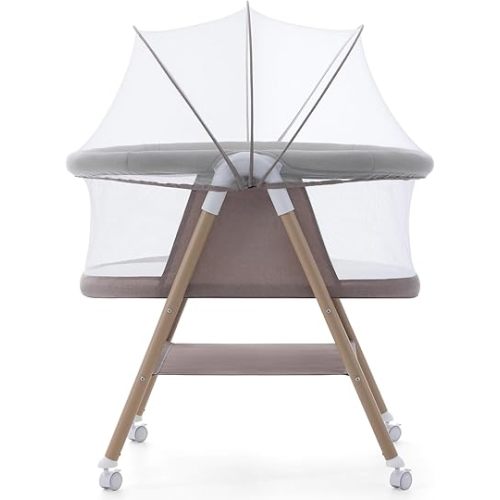 Jaoul Baby Bassinet, Portable Baby Travel Crib for Baby Bed with Wheels Comfy Mattress Mosquito Net Storage for Infant Newborn Lightweight and Breathable Mesh Design Khaki