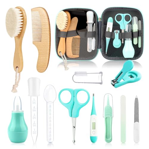 Esonto Baby Healthcare and Grooming Kit, Baby Wooden Hair Brush and Comb Set,Health Care Set with Hair Brush Scale Measuring Spoon Nail Clippers (19pcs, Green)