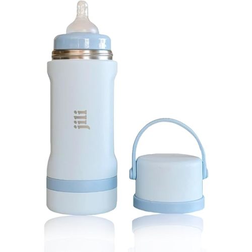 Jili All-in-One Baby Bottle, Insulated Stainless Steel Bottle with Formula Container, Anti-Colic Nipple, and Leak-Proof Lid, Baby Essentials for Travel, BPA, Parabens, and Phthalate-Free, Ice, 11 oz.