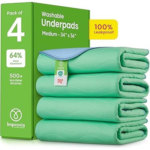 IMPROVIA® Washable Underpads, 34" x 36" (Pack of 4) - Heavy Absorbency Reusable Bedwetting Incontinence Pads for Kids, Adults, Elderly, and Pets - Waterproof Protective Pad for Bed, Couch, Sofa, Floor