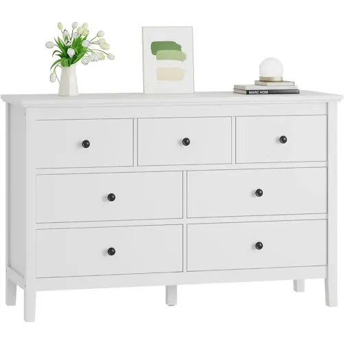 CARPETNAL White Dresser for Bedroom, 7 Drawer Dresser with Wide Drawers and Metal Handles, Woode Dressers & Chests of Drawers for Hallyway, Entryway.
